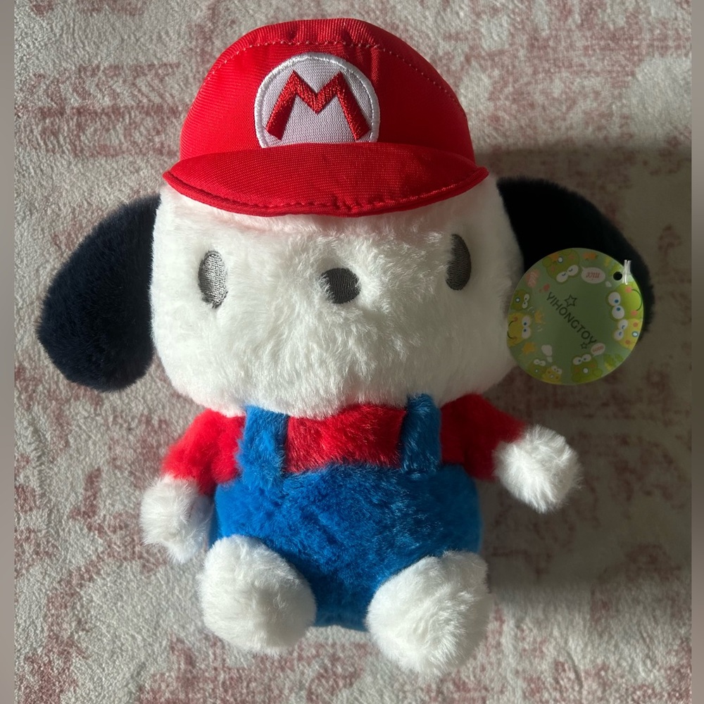 Sanrio Plush Pochacco Dog with Red Mario Hat and Blue Overalls